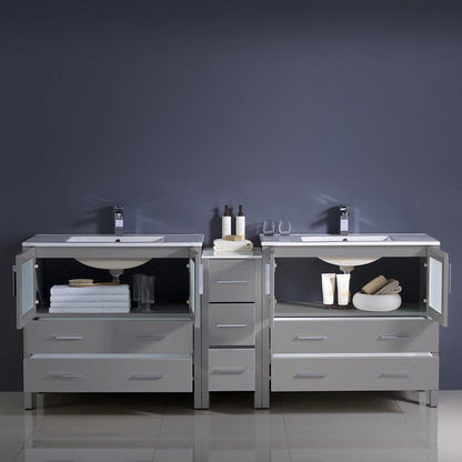 Fresca Torino 84 Gray Modern Double Sink Bathroom Cabinets w/ Integrated Sinks