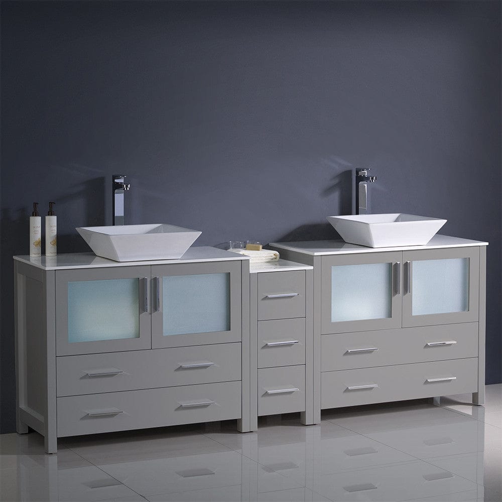 Fresca Torino 84 Gray Modern Double Sink Bathroom Cabinets w/ Tops & Vessel Sinks