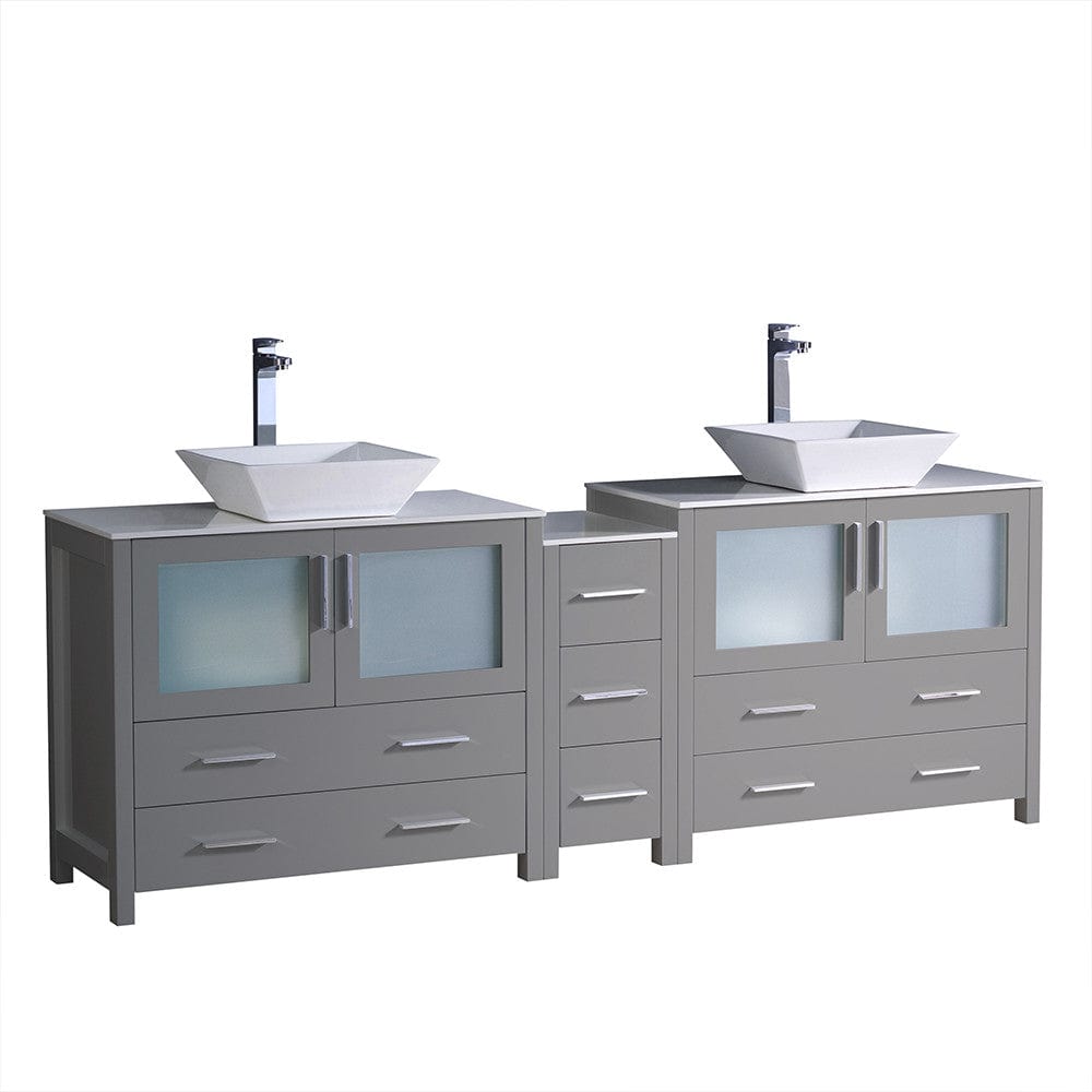 Fresca Torino 84 Gray Modern Double Sink Bathroom Cabinets w/ Tops & Vessel Sinks