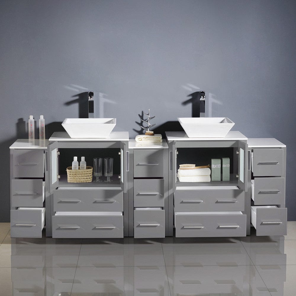 Fresca Torino 84 Gray Modern Double Sink Bathroom Cabinets w/ Tops & Vessel Sinks