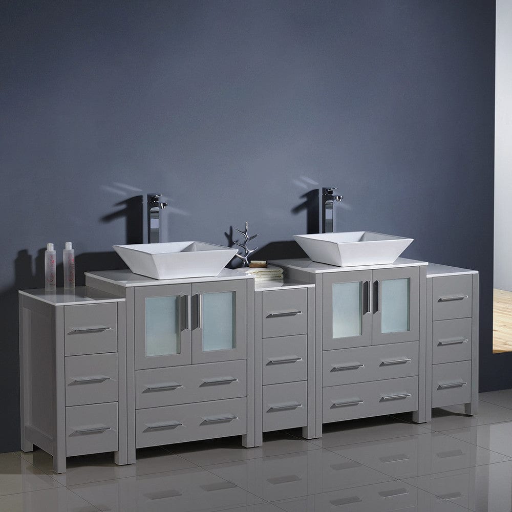 Fresca Torino 84 Gray Modern Double Sink Bathroom Cabinets w/ Tops & Vessel Sinks