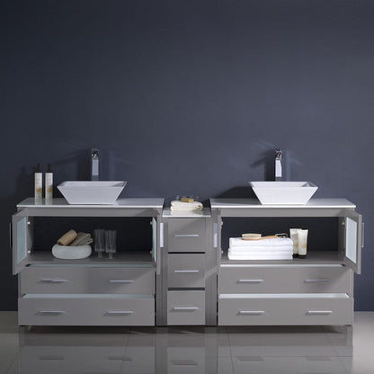 Fresca Torino 84 Gray Modern Double Sink Bathroom Cabinets w/ Tops & Vessel Sinks