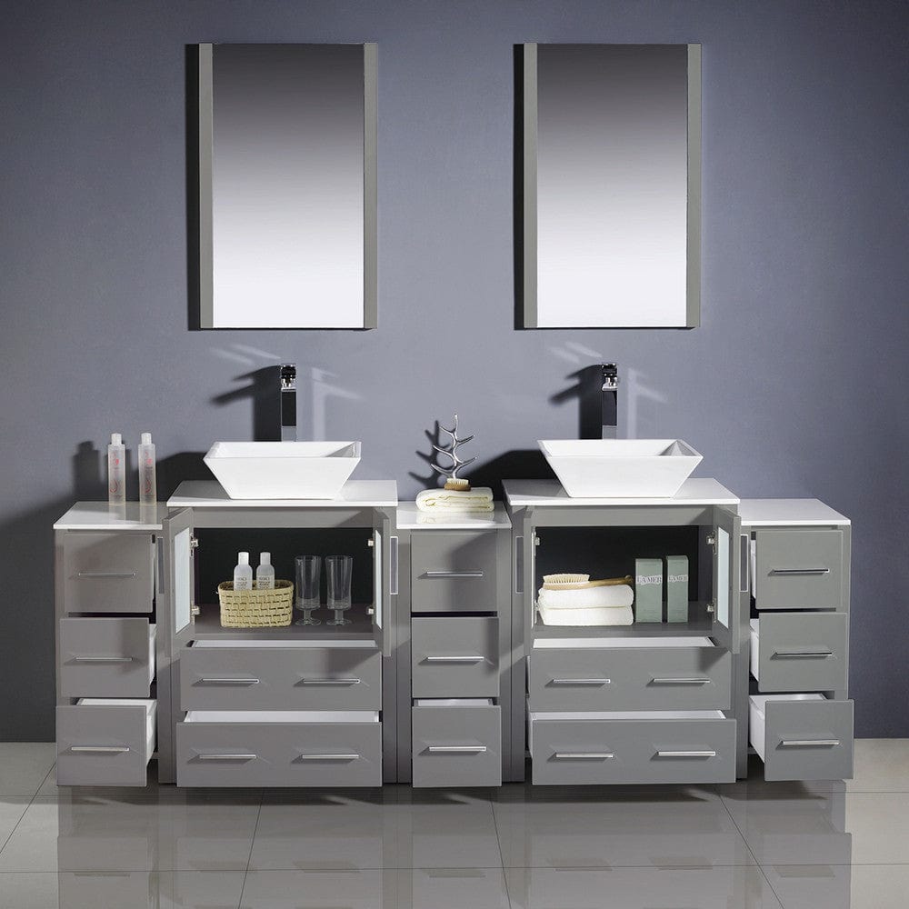 Fresca Torino 84 Gray Modern Double Sink Bathroom Vanity w/ 3 Side Cabinets & Vessel Sinks