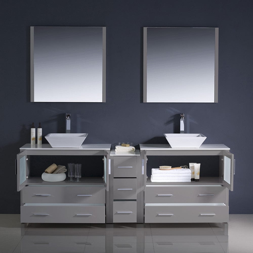 Fresca Torino 84 Gray Modern Double Sink Bathroom Vanity w/ Side Cabinet & Vessel Sinks