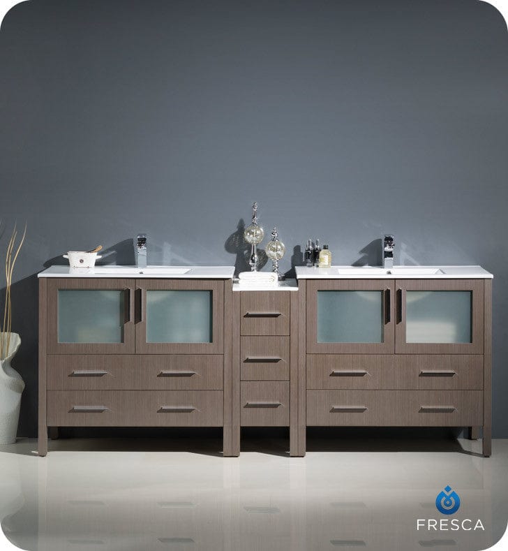 Fresca Torino 84 Gray Oak Modern Double Sink Bathroom Cabinets w/ Integrated Sinks