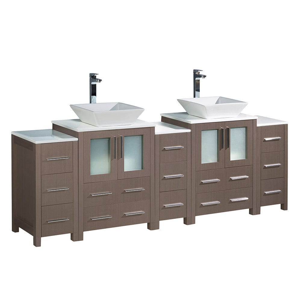 Fresca Torino 84 Gray Oak Modern Double Sink Bathroom Cabinets w/ Tops & Vessel Sinks