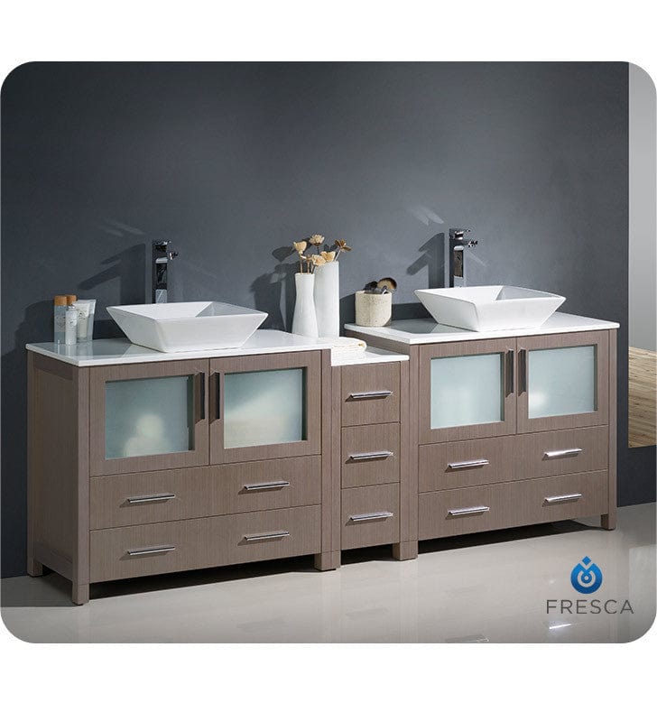 Fresca Torino 84 Gray Oak Modern Double Sink Bathroom Cabinets w/ Tops & Vessel Sinks