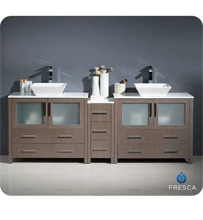 Fresca Torino 84 Gray Oak Modern Double Sink Bathroom Cabinets w/ Tops & Vessel Sinks