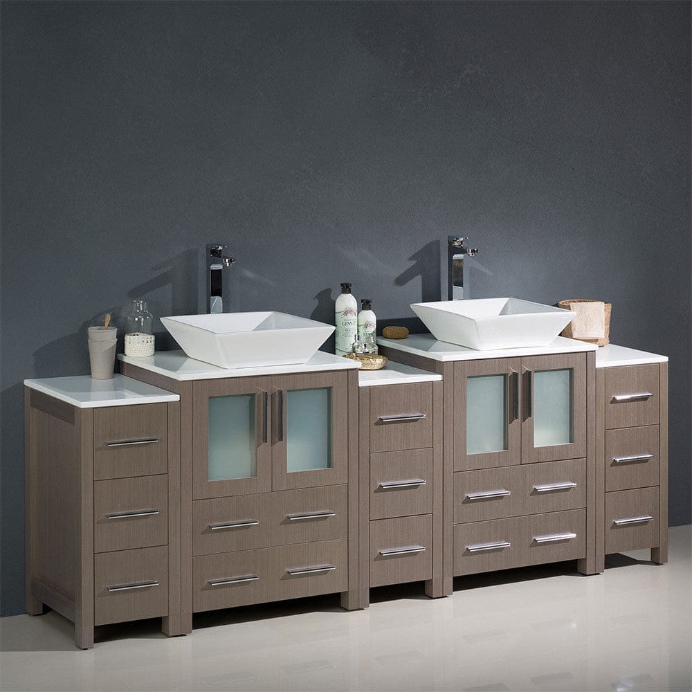 Fresca Torino 84 Gray Oak Modern Double Sink Bathroom Cabinets w/ Tops & Vessel Sinks