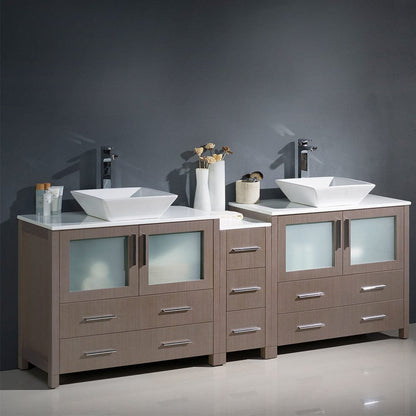 Fresca Torino 84 Gray Oak Modern Double Sink Bathroom Cabinets w/ Tops & Vessel Sinks