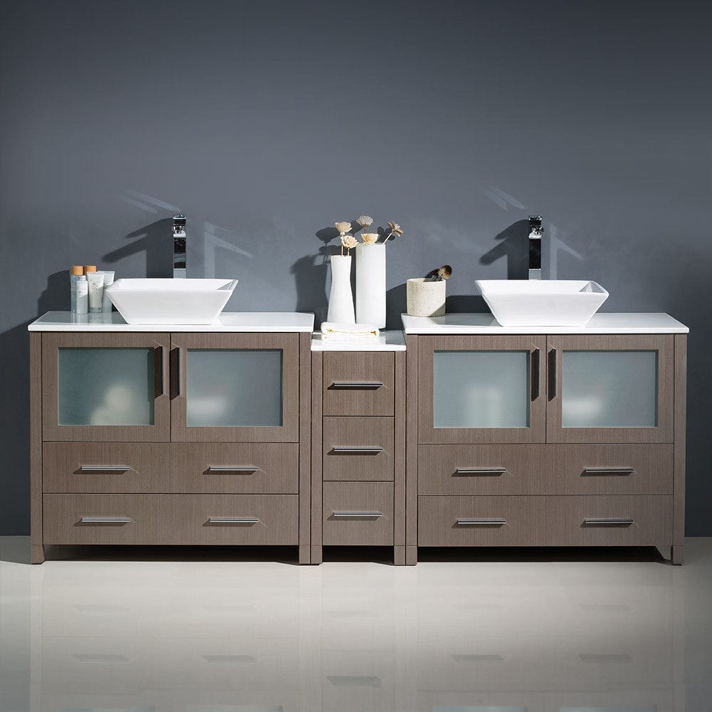 Fresca Torino 84 Gray Oak Modern Double Sink Bathroom Cabinets w/ Tops & Vessel Sinks