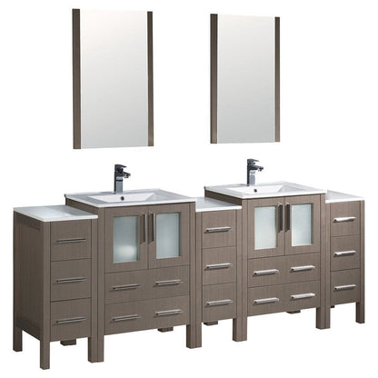 Fresca Torino 84" Gray Oak Modern Double Sink Bathroom Vanity w/ 3 Side Cabinets & Integrated Sinks