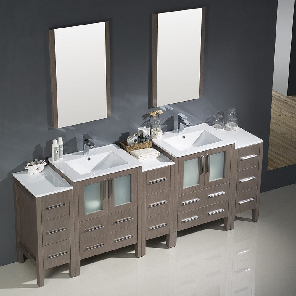 Fresca Torino 84 Gray Oak Modern Double Sink Bathroom Vanity w/ 3 Side Cabinets & Integrated Sinks