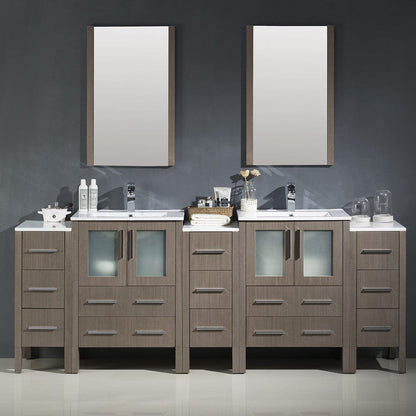 Fresca Torino 84 Gray Oak Modern Double Sink Bathroom Vanity w/ 3 Side Cabinets & Integrated Sinks