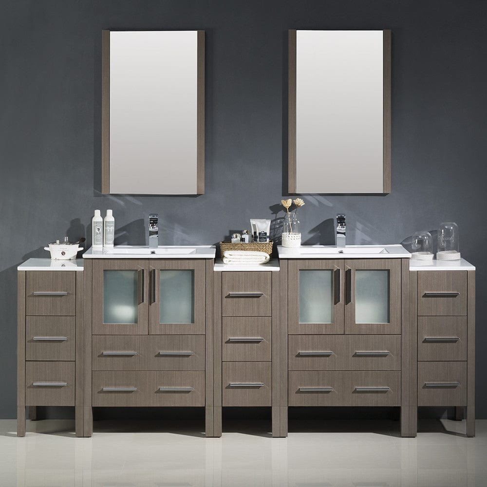 Fresca Torino 84 Gray Oak Modern Double Sink Bathroom Vanity w/ 3 Side Cabinets & Integrated Sinks