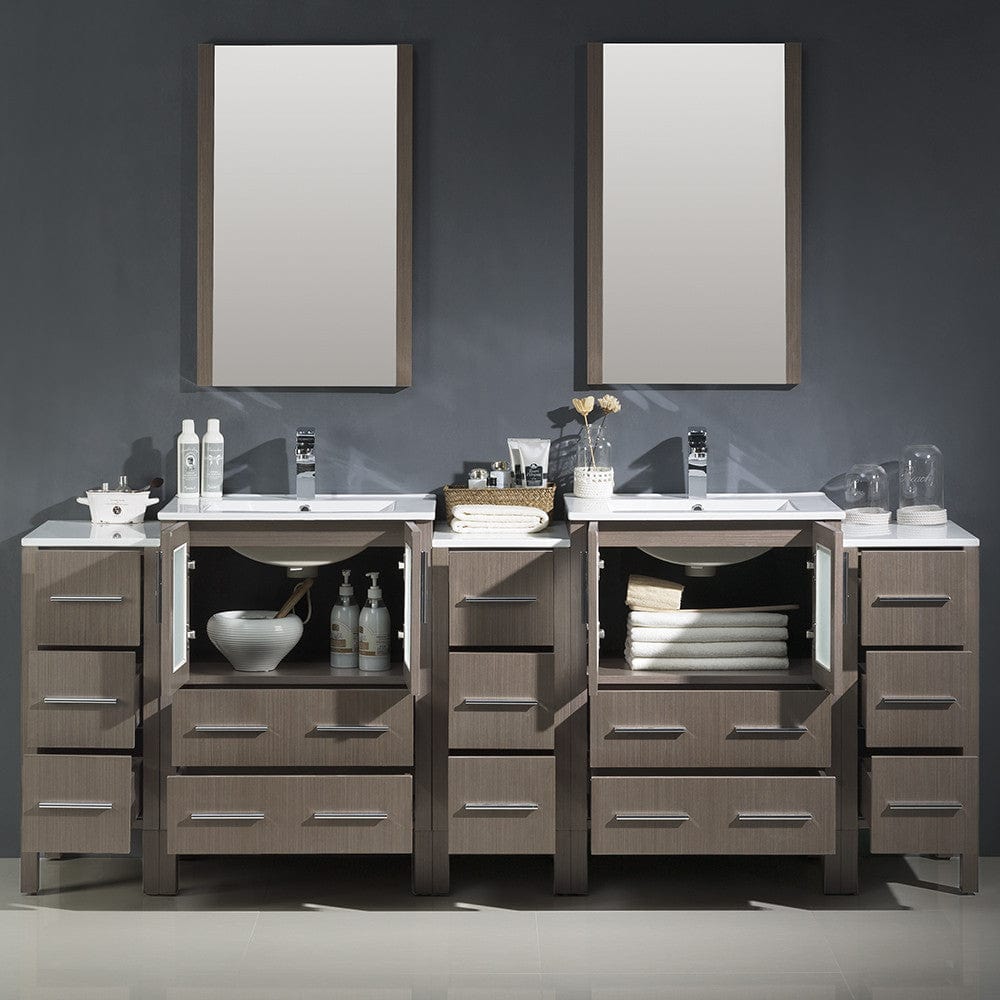 Fresca Torino 84 Gray Oak Modern Double Sink Bathroom Vanity w/ 3 Side Cabinets & Integrated Sinks