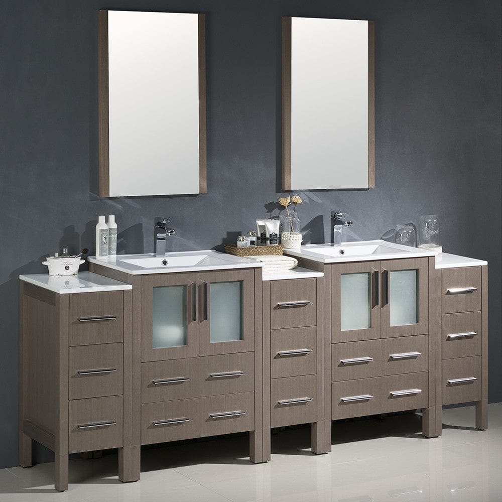 Fresca Torino 84 Gray Oak Modern Double Sink Bathroom Vanity w/ 3 Side Cabinets & Integrated Sinks