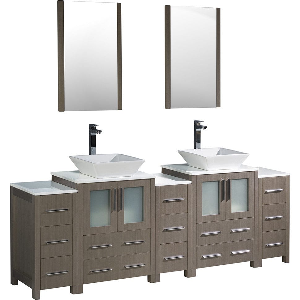 Fresca Torino 84" Gray Oak Modern Double Sink Bathroom Vanity w/ 3 Side Cabinets & Vessel Sinks