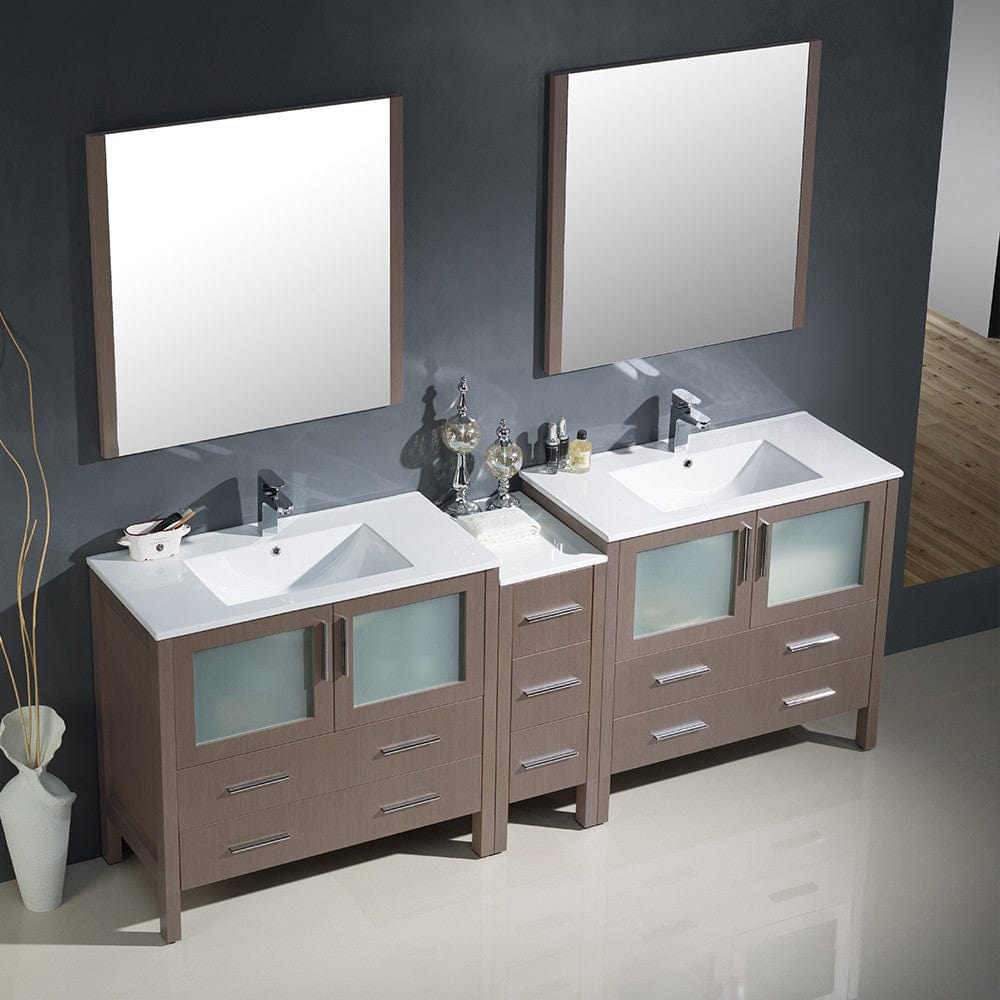 Fresca Torino 84 Gray Oak Modern Double Sink Bathroom Vanity w/ Side Cabinet & Integrated Sinks