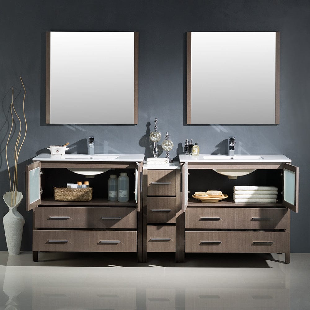 Fresca Torino 84 Gray Oak Modern Double Sink Bathroom Vanity w/ Side Cabinet & Integrated Sinks