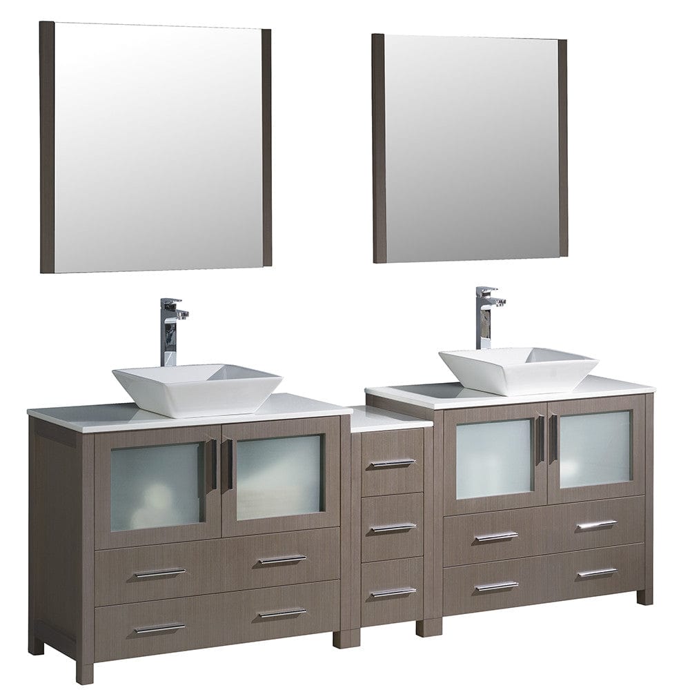 Fresca Torino 84" Gray Oak Modern Double Sink Bathroom Vanity w/ Side Cabinet & Vessel Sinks