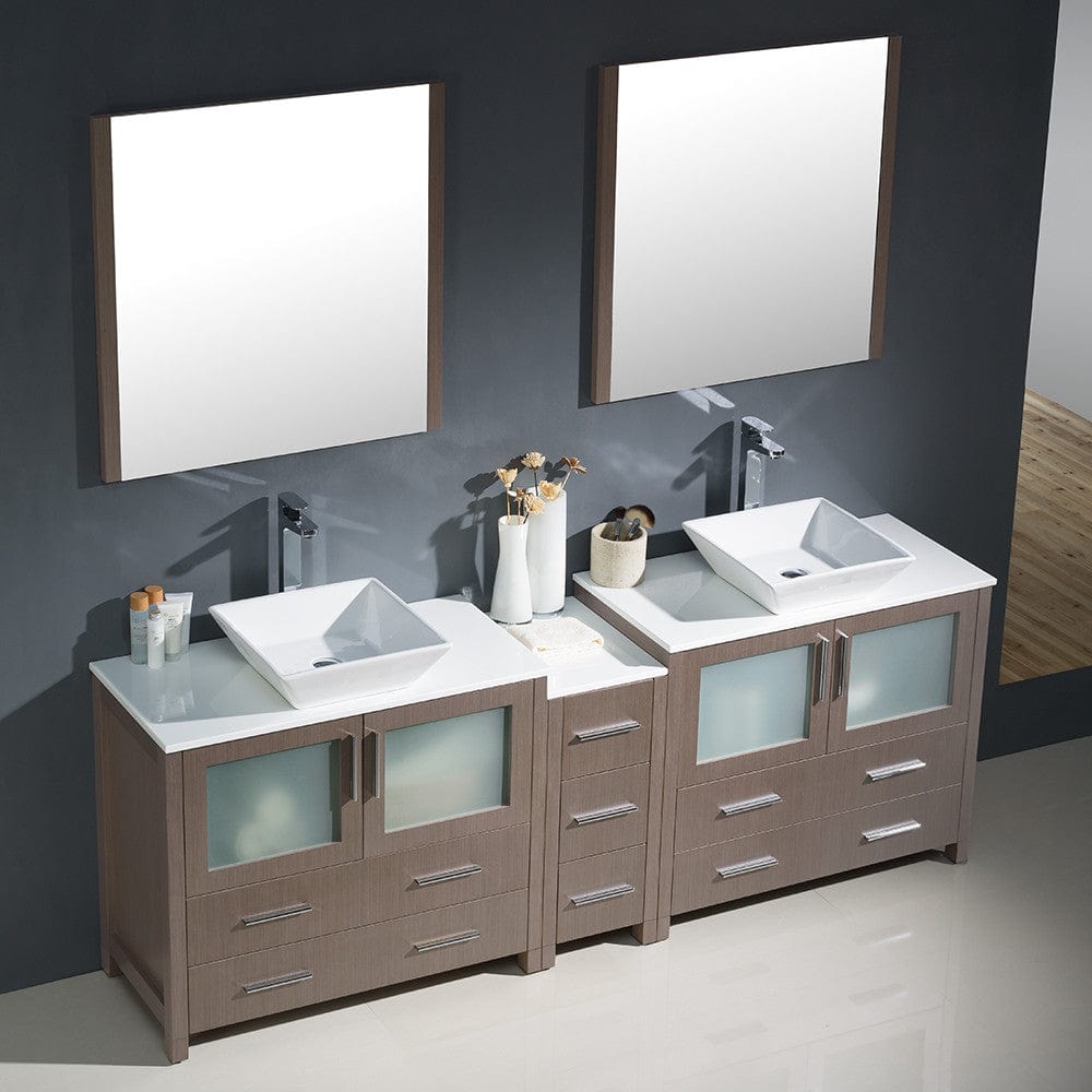 Fresca Torino 84 Gray Oak Modern Double Sink Bathroom Vanity w/ Side Cabinet & Vessel Sinks