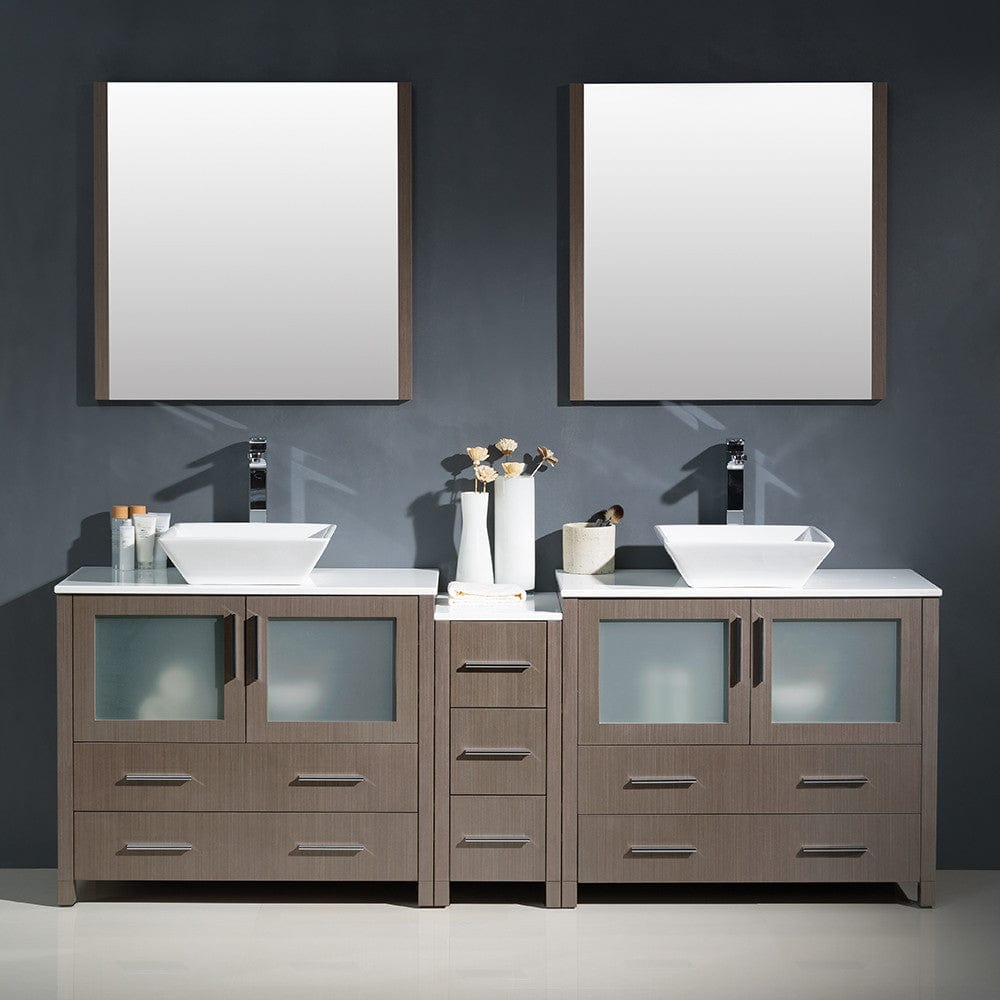 Fresca Torino 84 Gray Oak Modern Double Sink Bathroom Vanity w/ Side Cabinet & Vessel Sinks