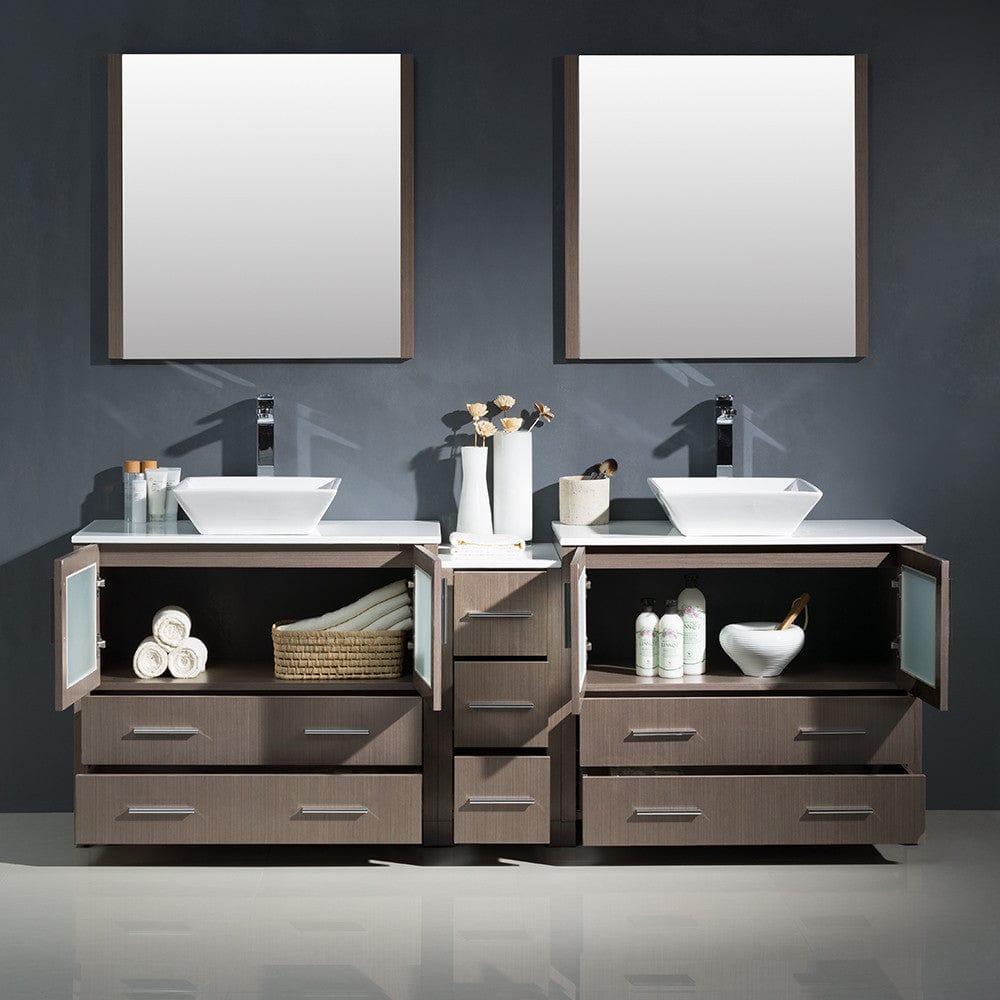 Fresca Torino 84 Gray Oak Modern Double Sink Bathroom Vanity w/ Side Cabinet & Vessel Sinks