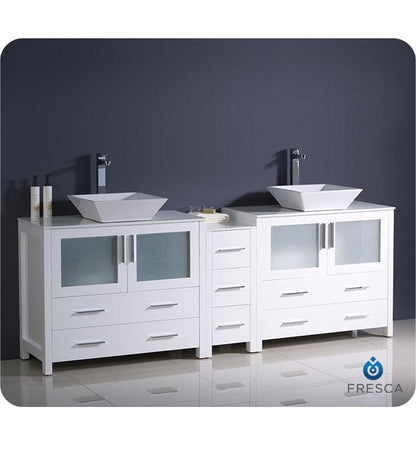 Fresca Torino 84 White Modern Double Sink Bathroom Cabinets w/ Tops & Vessel Sinks