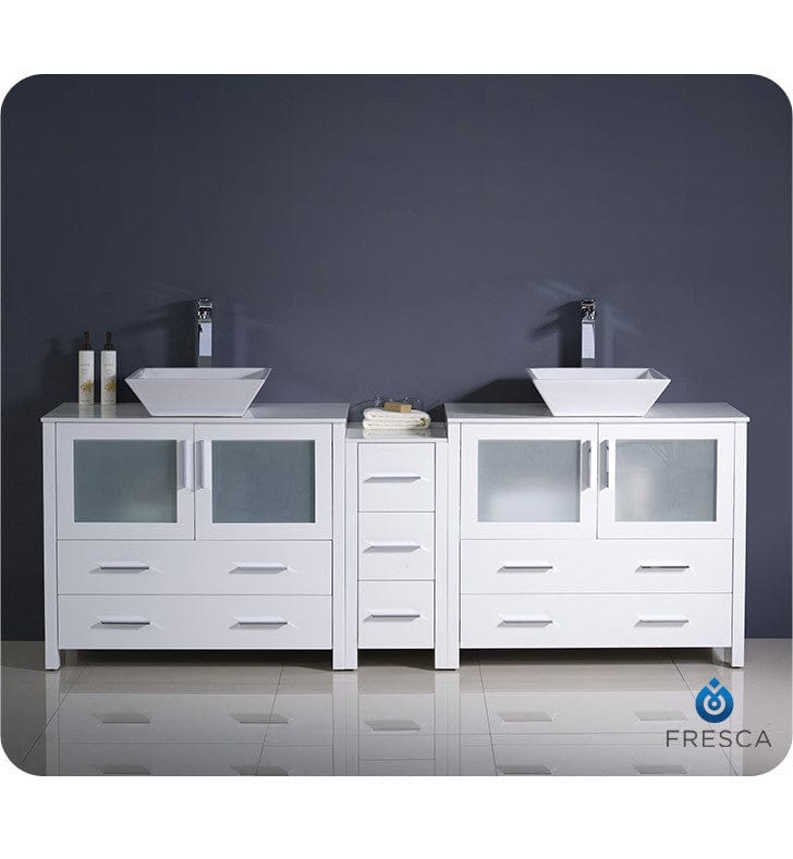 Fresca Torino 84 White Modern Double Sink Bathroom Cabinets w/ Tops & Vessel Sinks