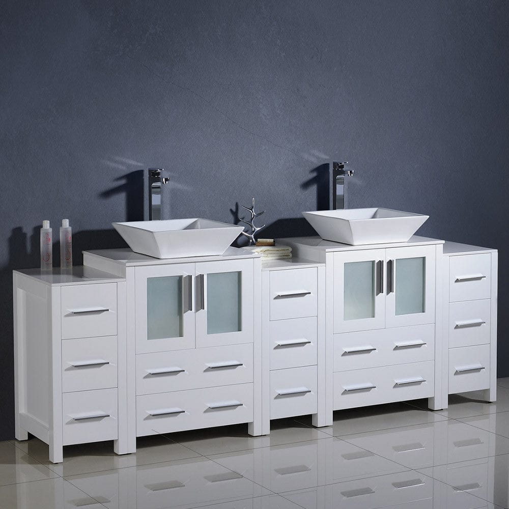 Fresca Torino 84 White Modern Double Sink Bathroom Cabinets w/ Tops & Vessel Sinks