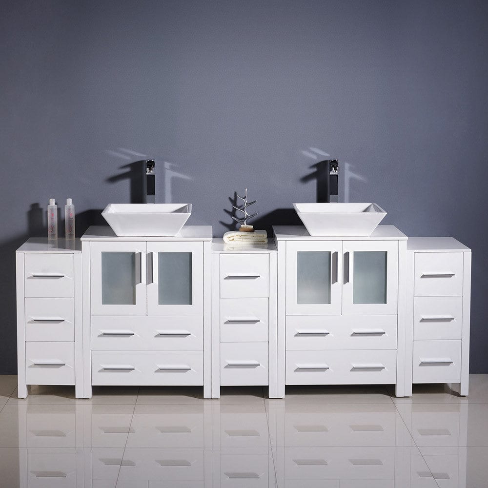 Fresca Torino 84 White Modern Double Sink Bathroom Cabinets w/ Tops & Vessel Sinks