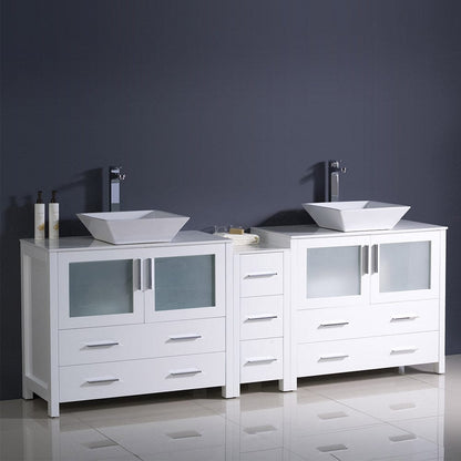 Fresca Torino 84 White Modern Double Sink Bathroom Cabinets w/ Tops & Vessel Sinks