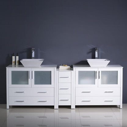 Fresca Torino 84 White Modern Double Sink Bathroom Cabinets w/ Tops & Vessel Sinks