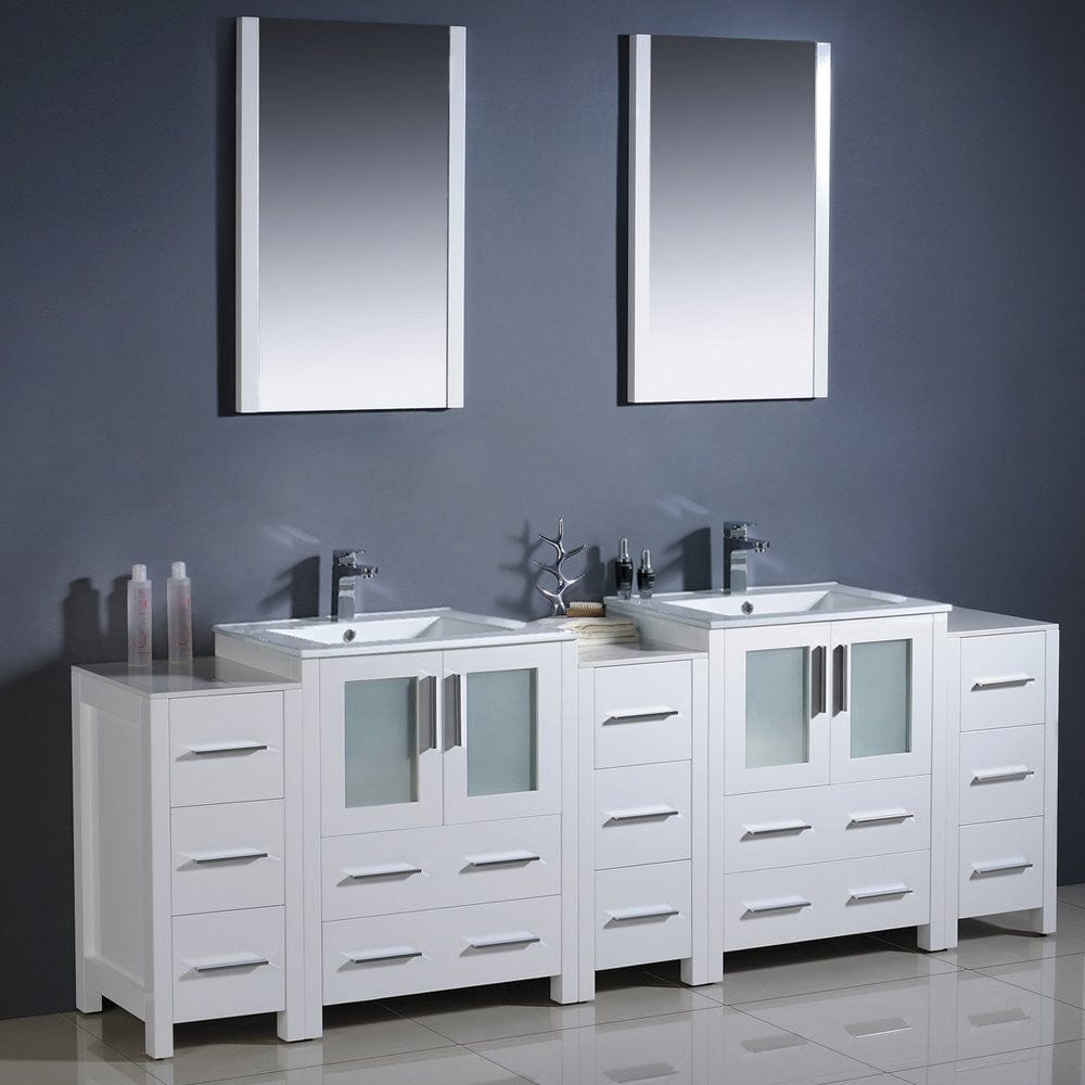 Fresca Torino 84 White Modern Double Sink Bathroom Vanity w/ 3 Side Cabinets & Integrated Sinks