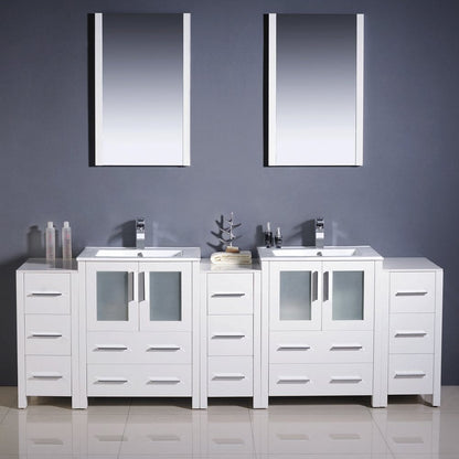 Fresca Torino 84 White Modern Double Sink Bathroom Vanity w/ 3 Side Cabinets & Integrated Sinks