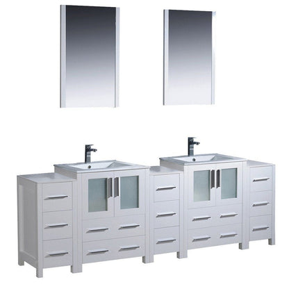 Fresca Torino 84" White Modern Double Sink Bathroom Vanity w/ 3 Side Cabinets & Integrated Sinks
