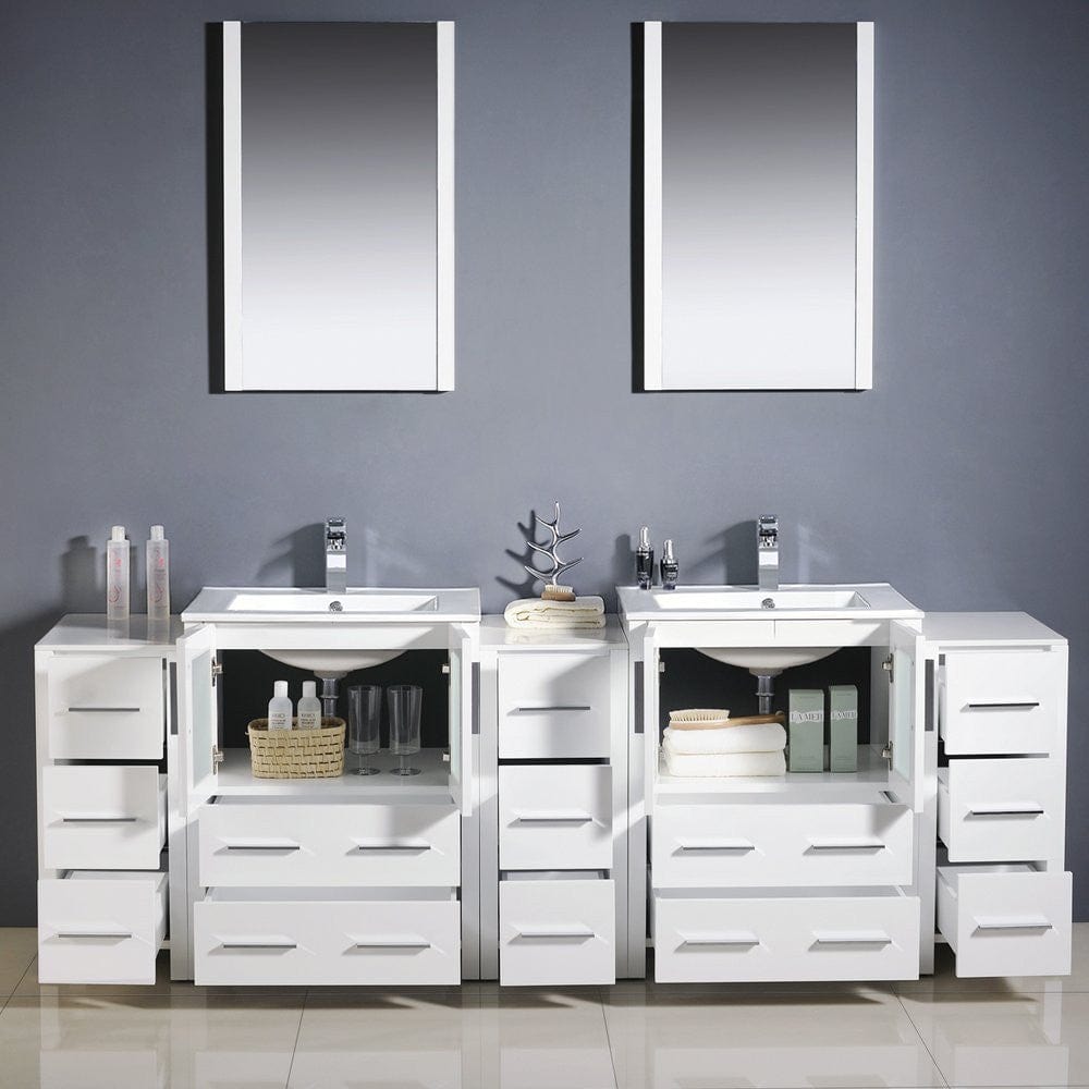 Fresca Torino 84 White Modern Double Sink Bathroom Vanity w/ 3 Side Cabinets & Integrated Sinks