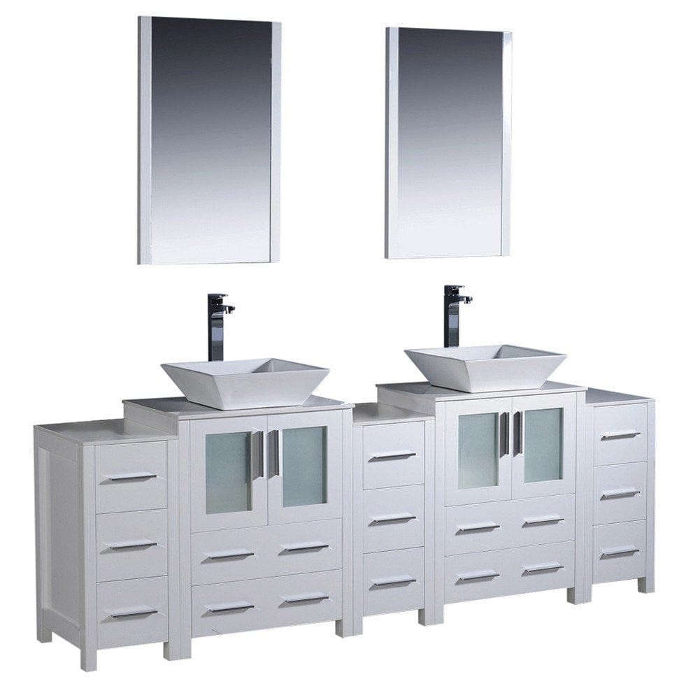 Fresca Torino 84" White Modern Double Sink Bathroom Vanity w/ 3 Side Cabinets & Vessel Sinks