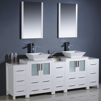 Fresca Torino 84 White Modern Double Sink Bathroom Vanity w/ 3 Side Cabinets & Vessel Sinks