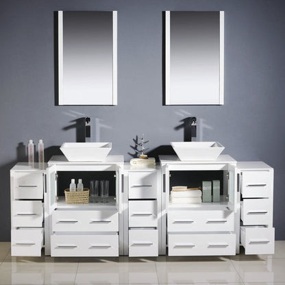 Fresca Torino 84 White Modern Double Sink Bathroom Vanity w/ 3 Side Cabinets & Vessel Sinks