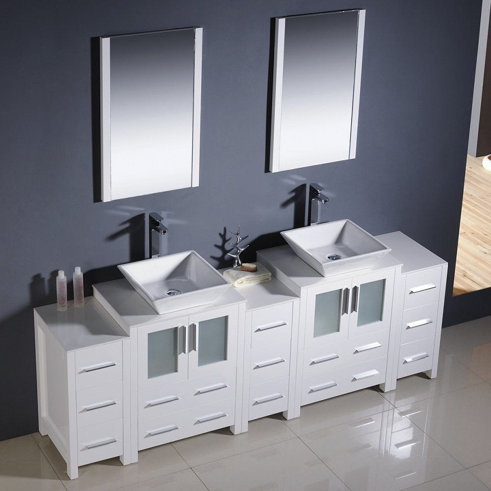 Fresca Torino 84 White Modern Double Sink Bathroom Vanity w/ 3 Side Cabinets & Vessel Sinks