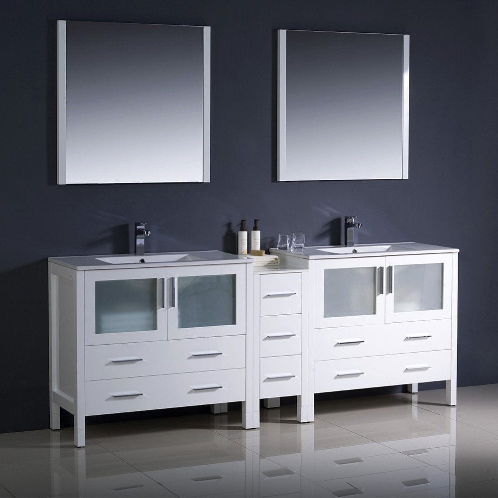 Fresca Torino 84 White Modern Double Sink Bathroom Vanity w/ Side Cabinet & Integrated Sinks