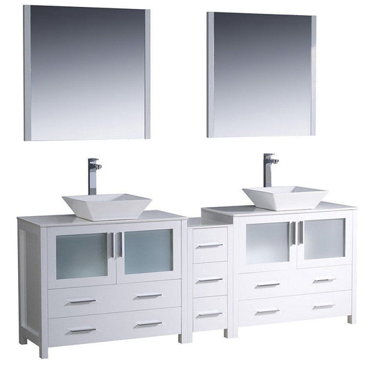 Fresca Torino 84" White Modern Double Sink Bathroom Vanity w/ Side Cabinet & Vessel Sinks