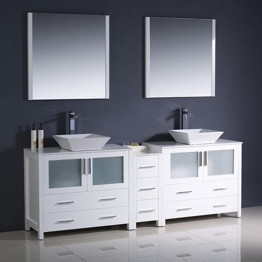 Fresca Torino 84 White Modern Double Sink Bathroom Vanity w/ Side Cabinet & Vessel Sinks