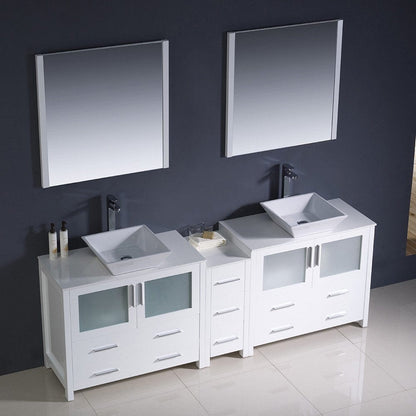 Fresca Torino 84 White Modern Double Sink Bathroom Vanity w/ Side Cabinet & Vessel Sinks