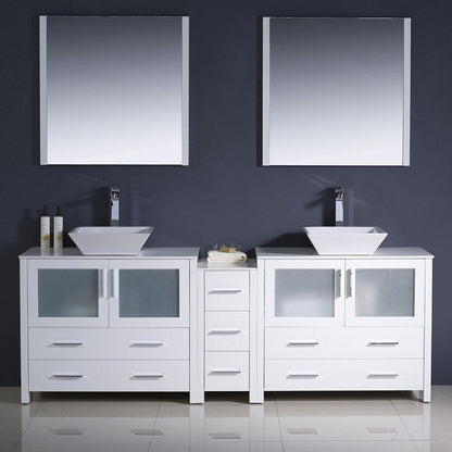 Fresca Torino 84 White Modern Double Sink Bathroom Vanity w/ Side Cabinet & Vessel Sinks