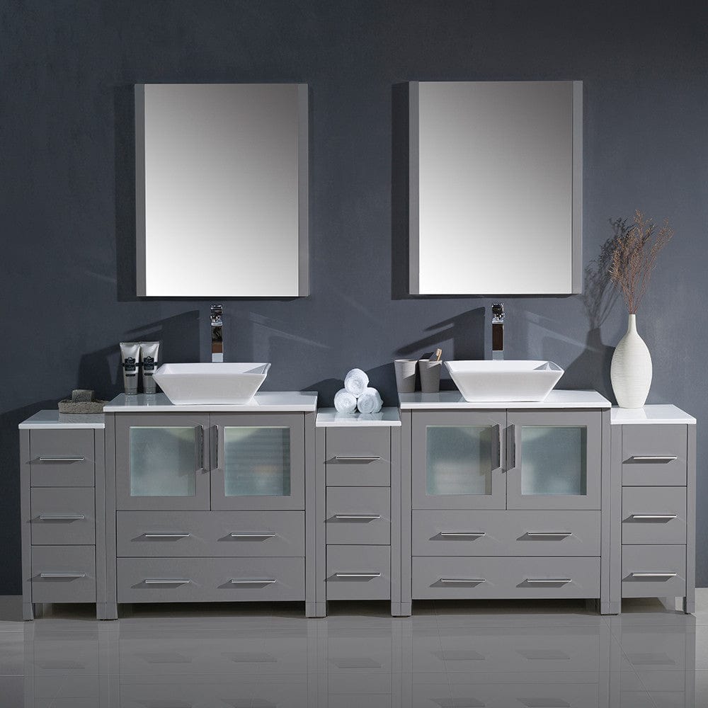 Fresca Torino 96 Gray Modern Double Sink Bathroom Vanity w/ 3 Side Cabinets & Vessel Sinks