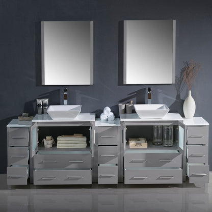 Fresca Torino 96 Gray Modern Double Sink Bathroom Vanity w/ 3 Side Cabinets & Vessel Sinks