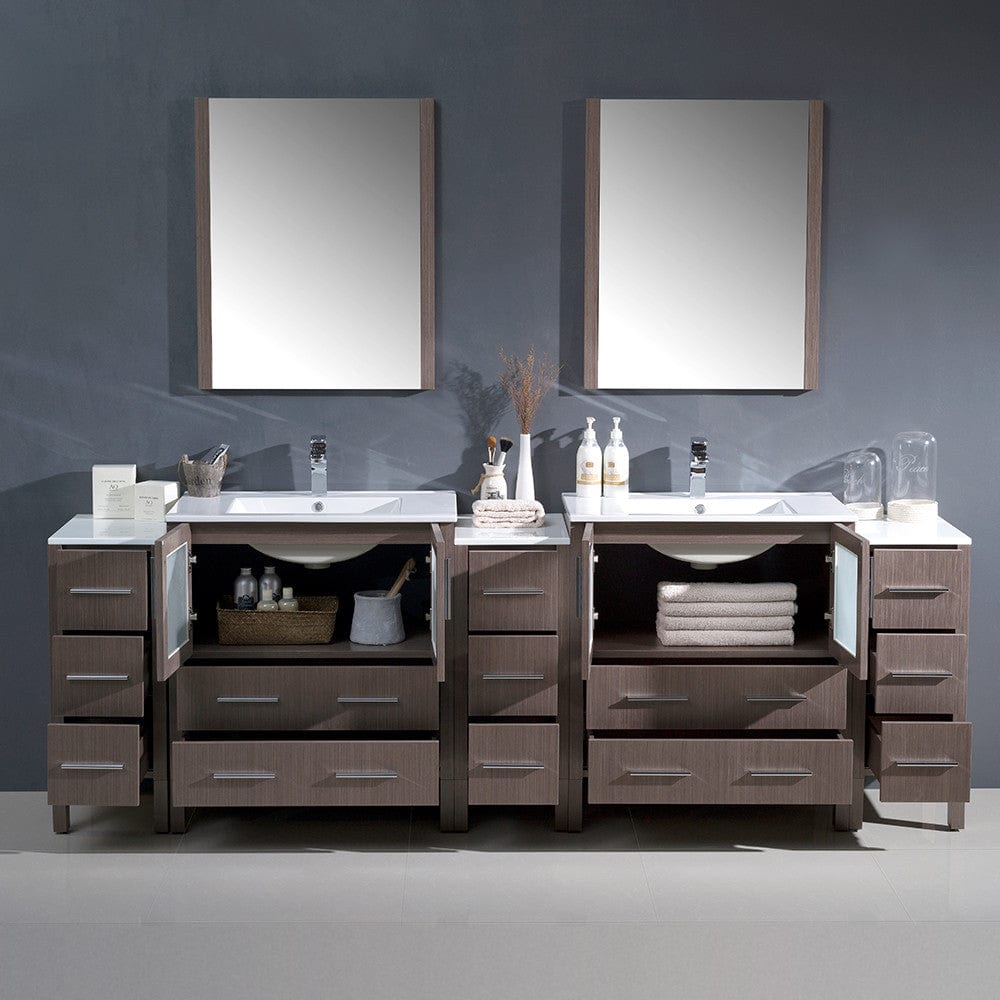 Fresca Torino 96 Gray Oak Modern Double Sink Bathroom Vanity w/ 3 Side Cabinets & Integrated Sinks